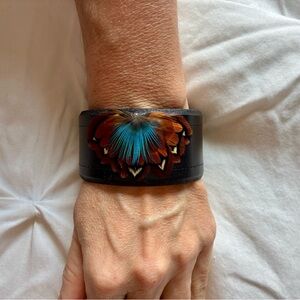 Handcrafted Leather Cuff Bracelet with One of a Kind Feather Design